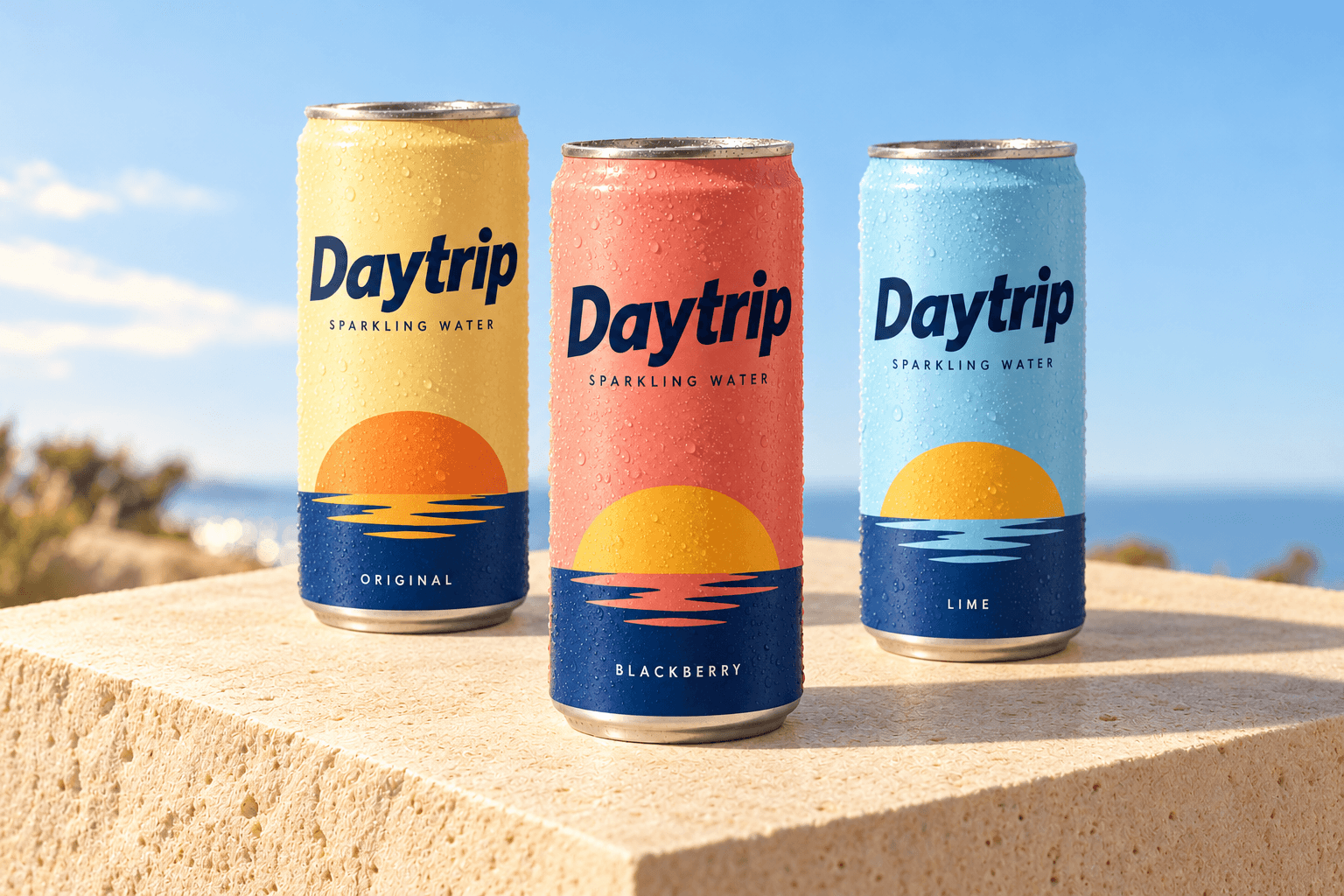 Daytrip sparkling water concept: butter-yellow, coral, and sky-blue cans with a bold Daytrip wordmark and a sun-and-horizon graphic.