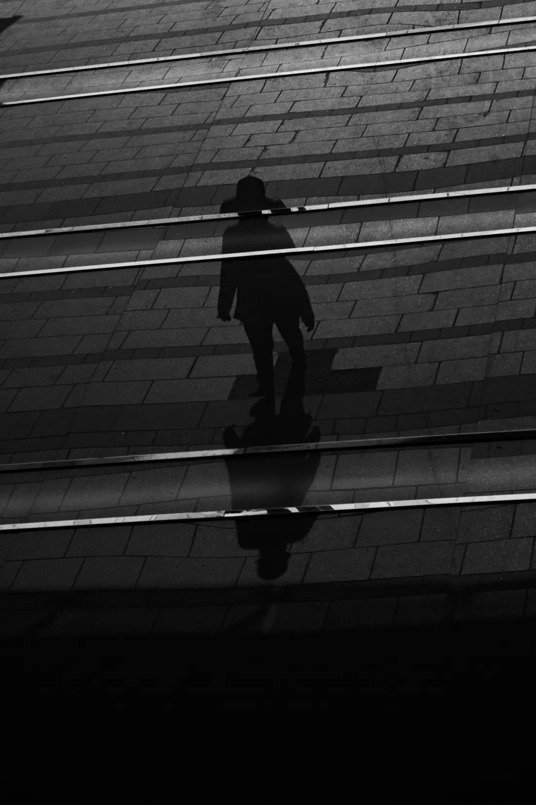High-contrast shadow of a person on a paved street