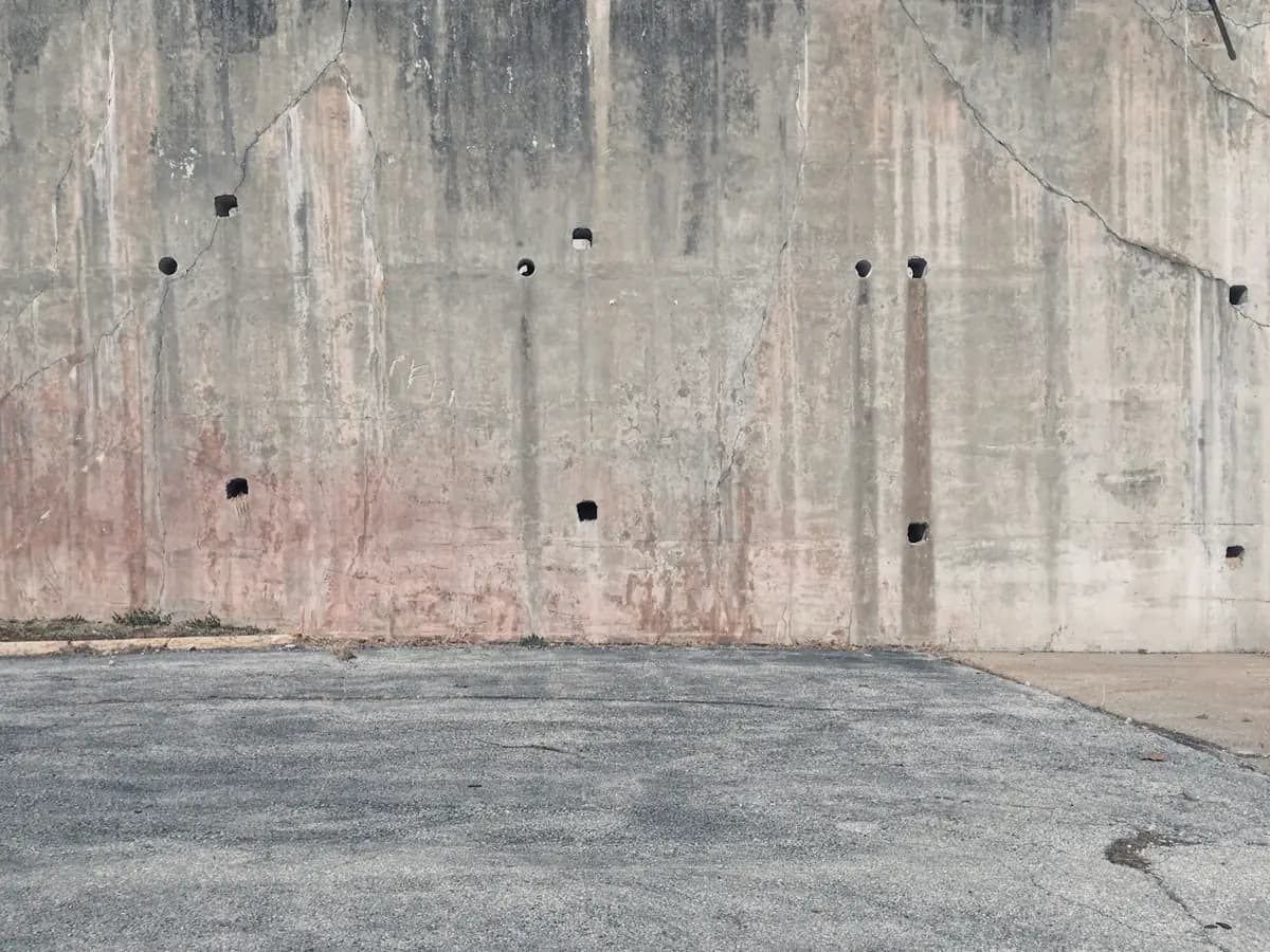 Poured concrete wall and asphalt lot